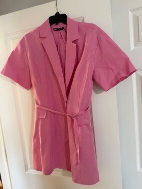 Zara Hot Pink Short Sleeve Blazer Dress with Tie Waist